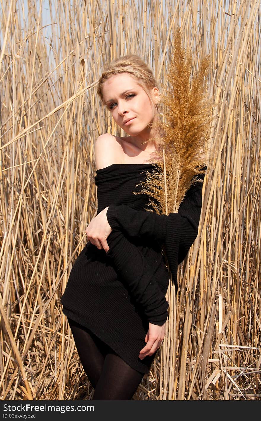 Outdoor portrait of young beautiful blond slim girl in the reed zone of the park. Outdoor portrait of young beautiful blond slim girl in the reed zone of the park