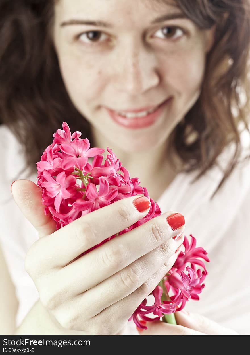 Girl with beautiful and fresh hyacinth. Girl with beautiful and fresh hyacinth