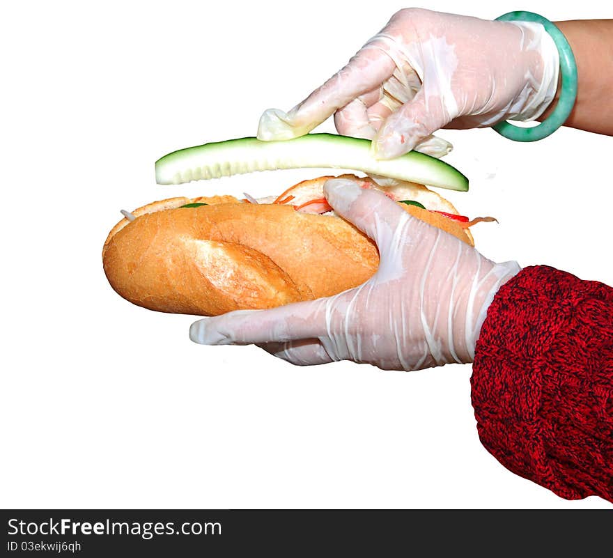 A making sandwich party by hand. A making sandwich party by hand