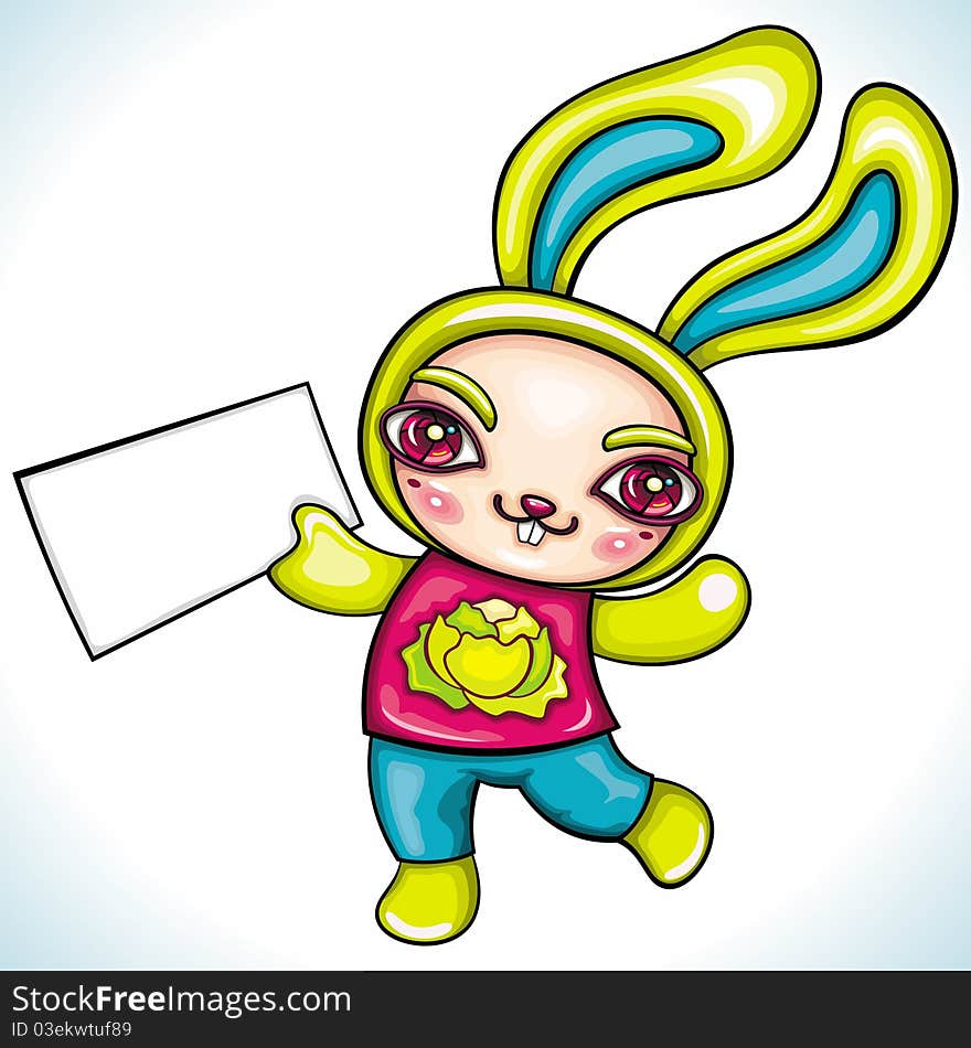 Cute rabbit holding blank paper. Funny cheerful character with space for your text