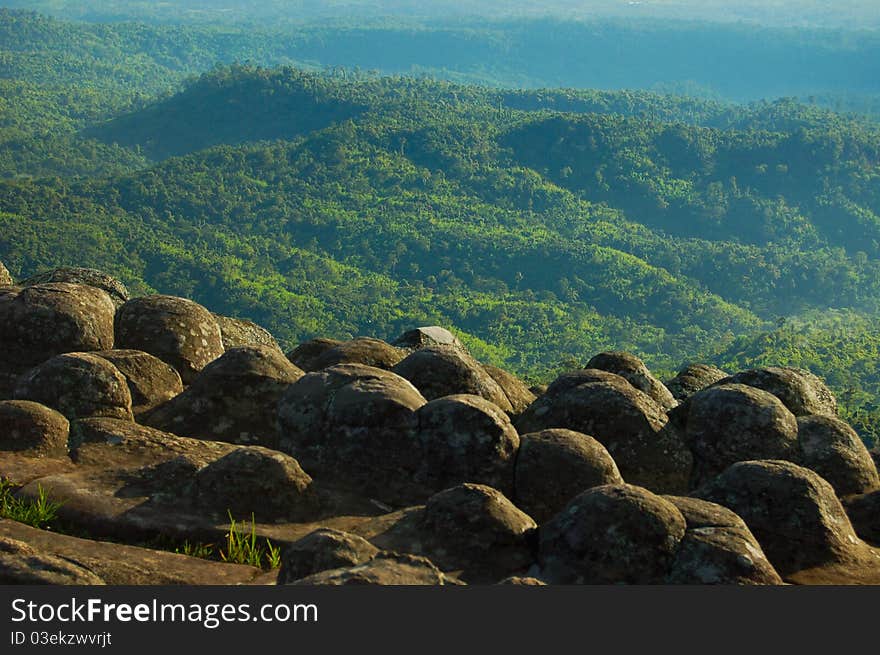 Rugged cliff for exploration on green forest. Rugged cliff for exploration on green forest