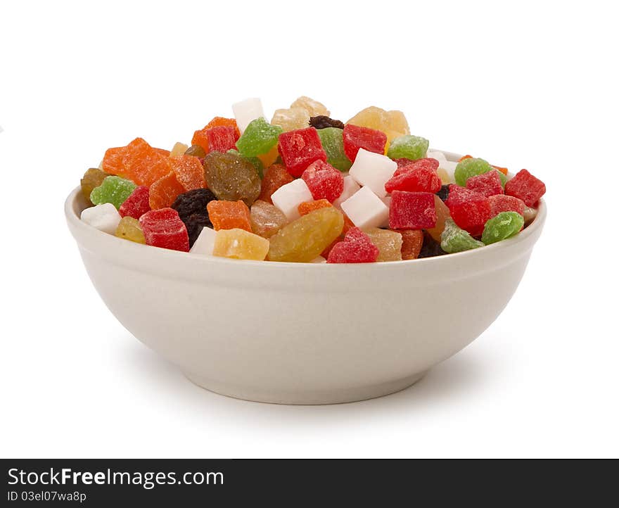 Multi-coloured candied fruits isolated on a white background