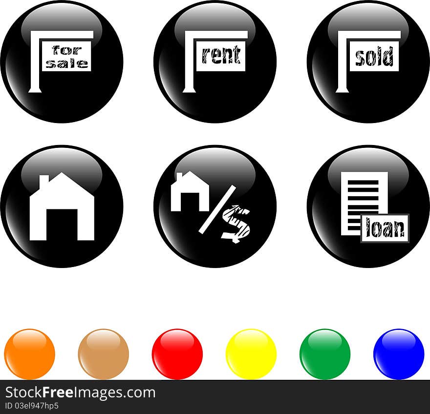 Set of home objects icons on black glass buttons. Set of home objects icons on black glass buttons