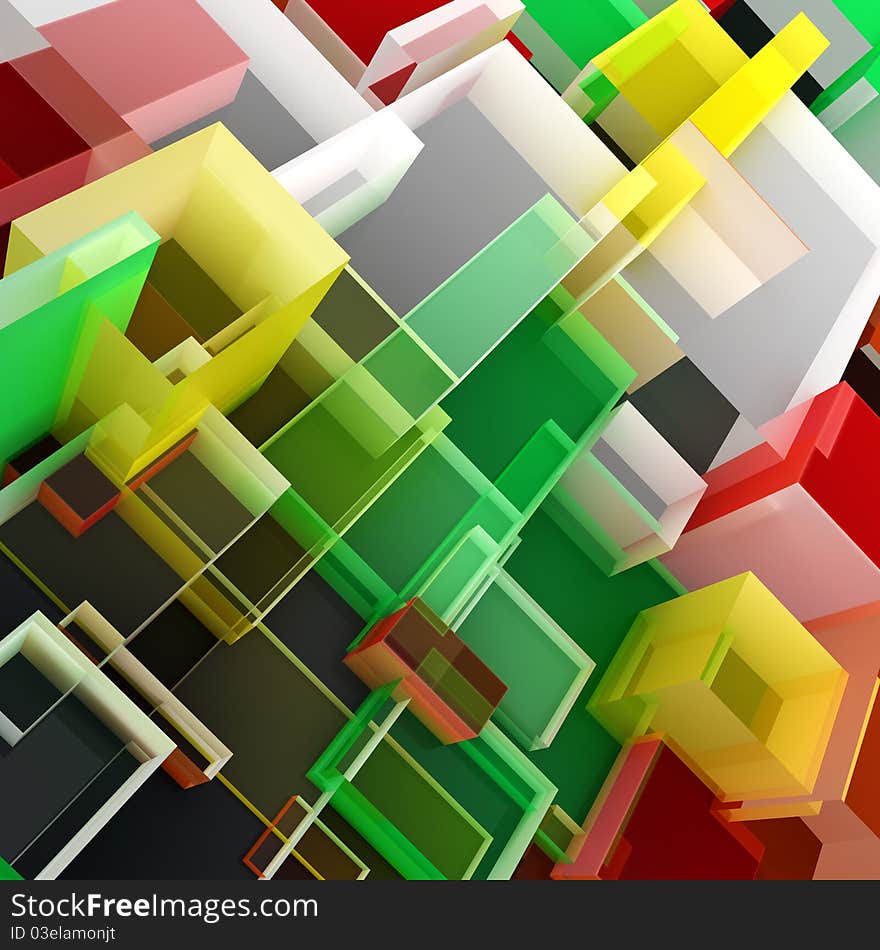 Abstract 3D cloud of color transparent cubes. Abstract 3D cloud of color transparent cubes