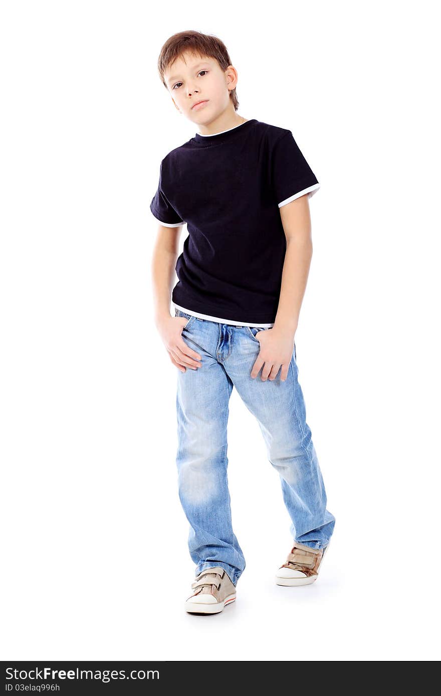 Portrait of a cute 9 year boy. Isolated over white background.