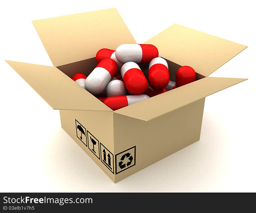 Box and capsules. 3D render.