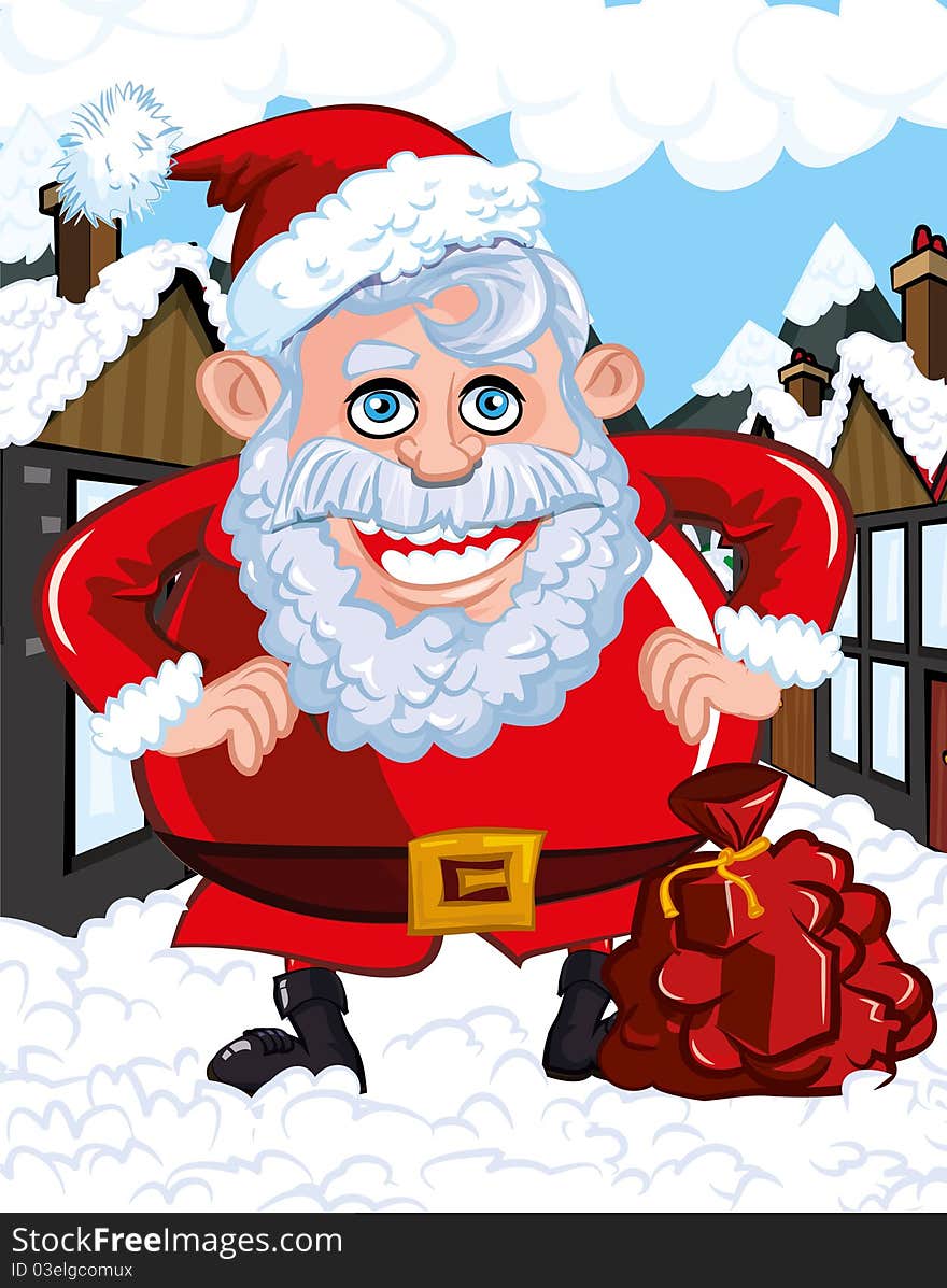 Cartoon Santa with a white beard. He is a in a town street