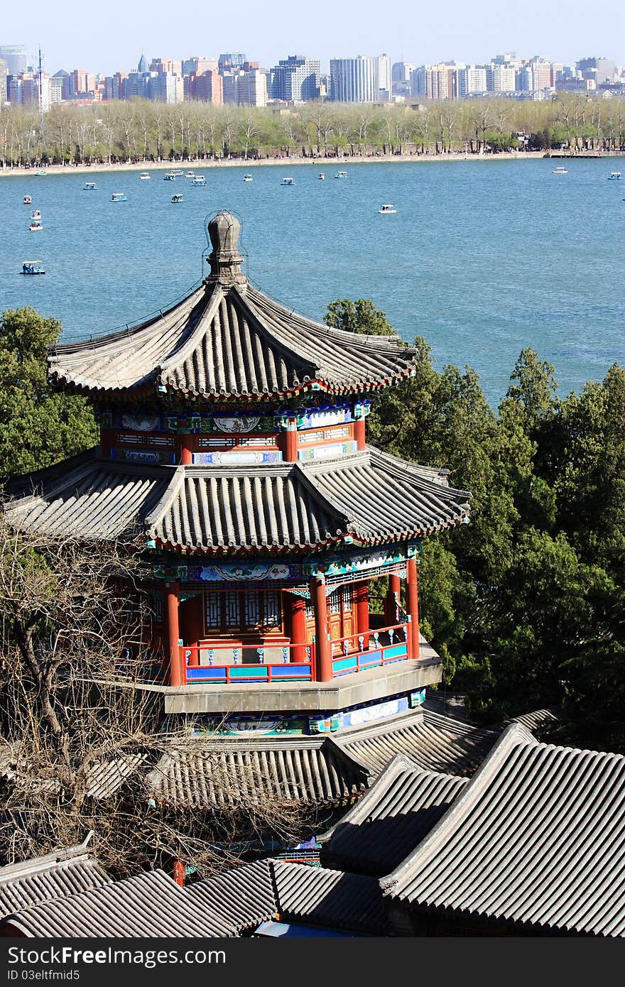 Pavilion in Summer Palace, with cityscape, beijing , China. Pavilion in Summer Palace, with cityscape, beijing , China.