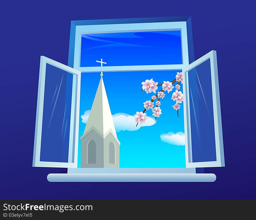 Window  with a view on church and  a blossom branch. Window  with a view on church and  a blossom branch