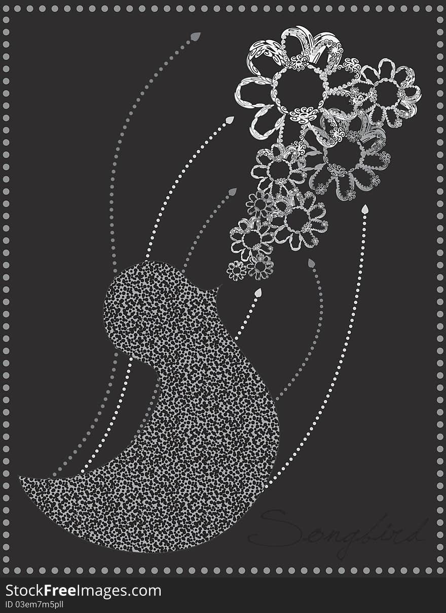 An abstract illustration of a songbird in grey tones.