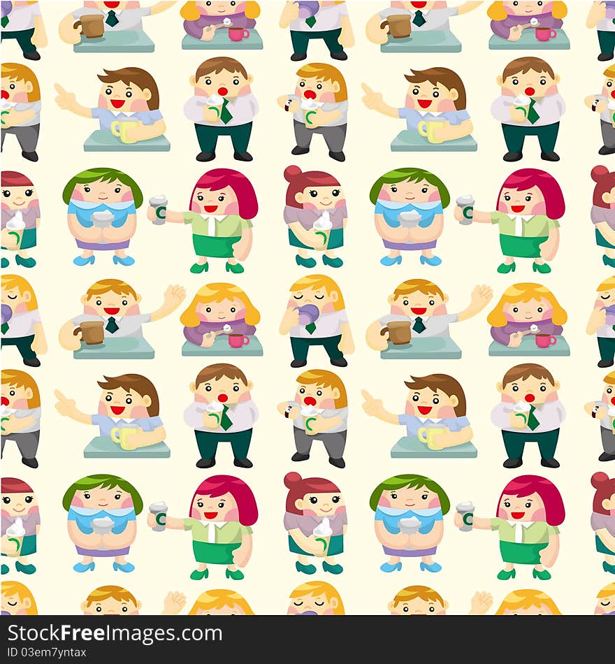 Seamless office worker tea time pattern, drawing