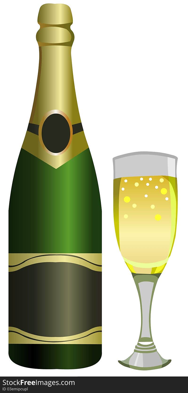 Illustration of the bottle of champagne and full glass.