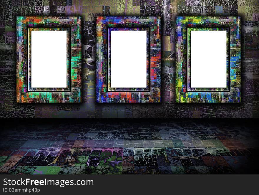 A dark colorful, grunge textured wall and floor background with frames on the wall. A dark colorful, grunge textured wall and floor background with frames on the wall