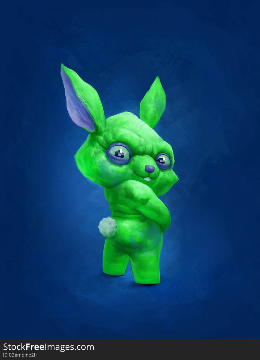 A green rabbit is on the blue blue background.