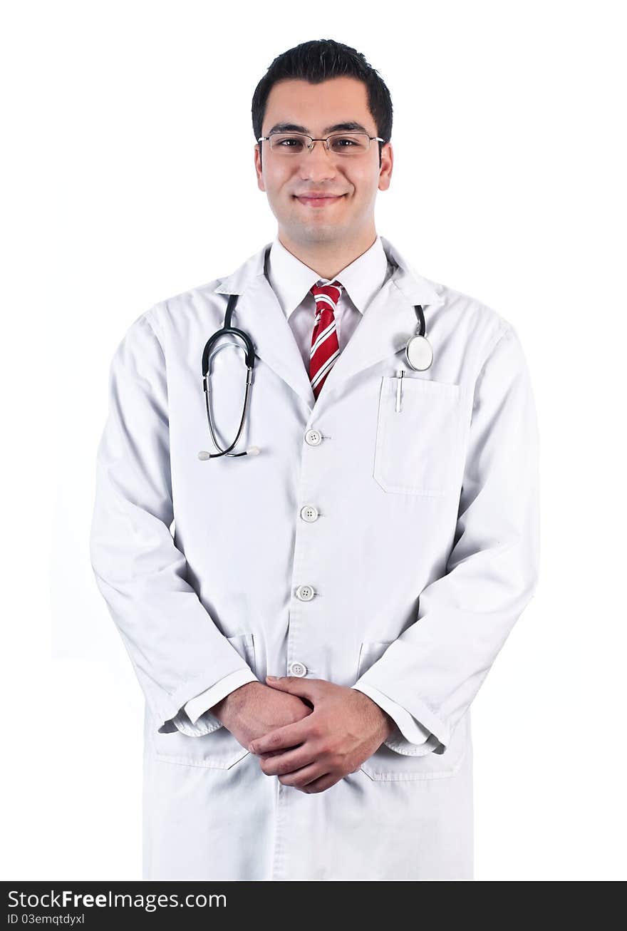 Portrait of a handsome doctor,isolated on white background