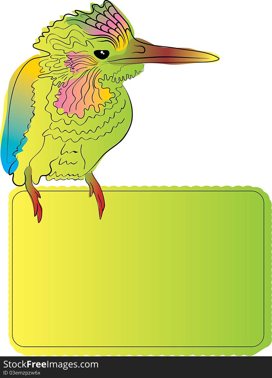 Bright green bird with blank banner for text. Bright green bird with blank banner for text