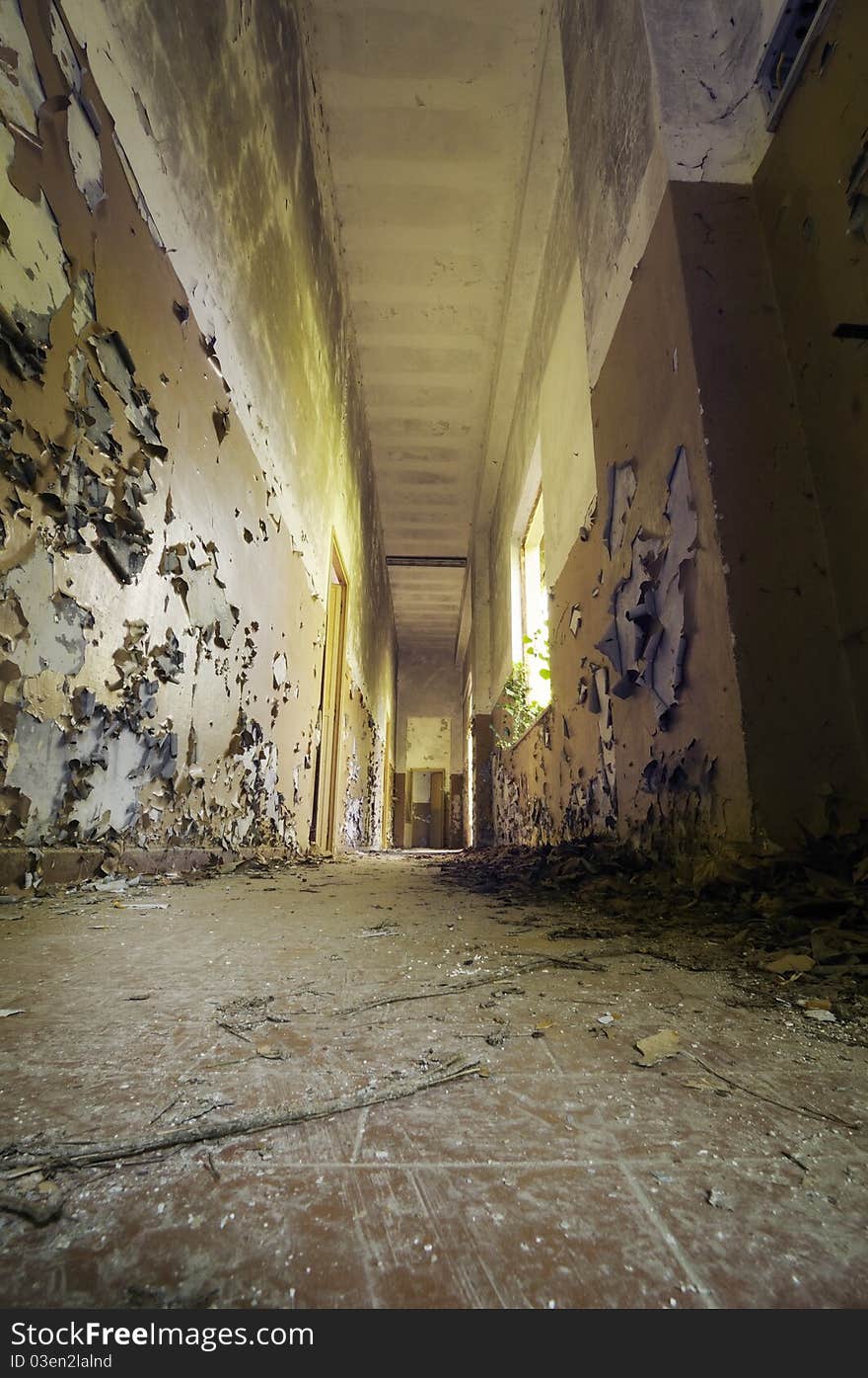 A corridor of abandoned military barracks. A corridor of abandoned military barracks