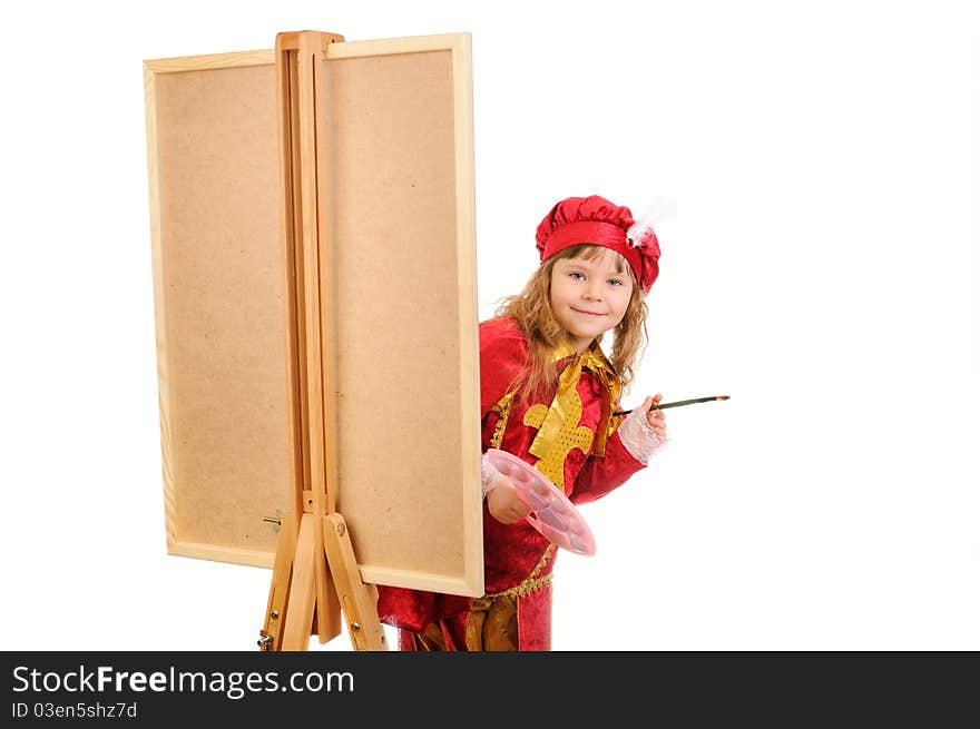 Girl in a red historical suit with a brush near an easel on a white. Girl in a red historical suit with a brush near an easel on a white