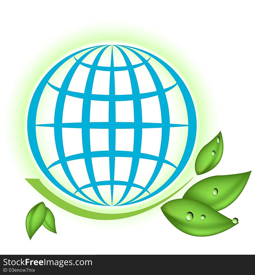 Illustration, green branch with drop on blue globe. Illustration, green branch with drop on blue globe