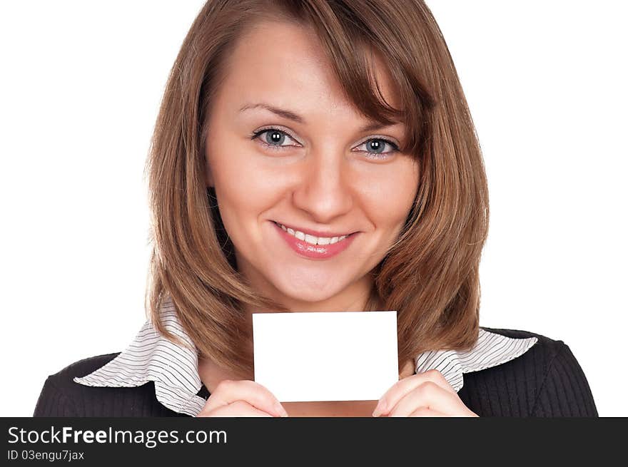 Portrait of a beautiful young woman with blank business card on white background. Portrait of a beautiful young woman with blank business card on white background