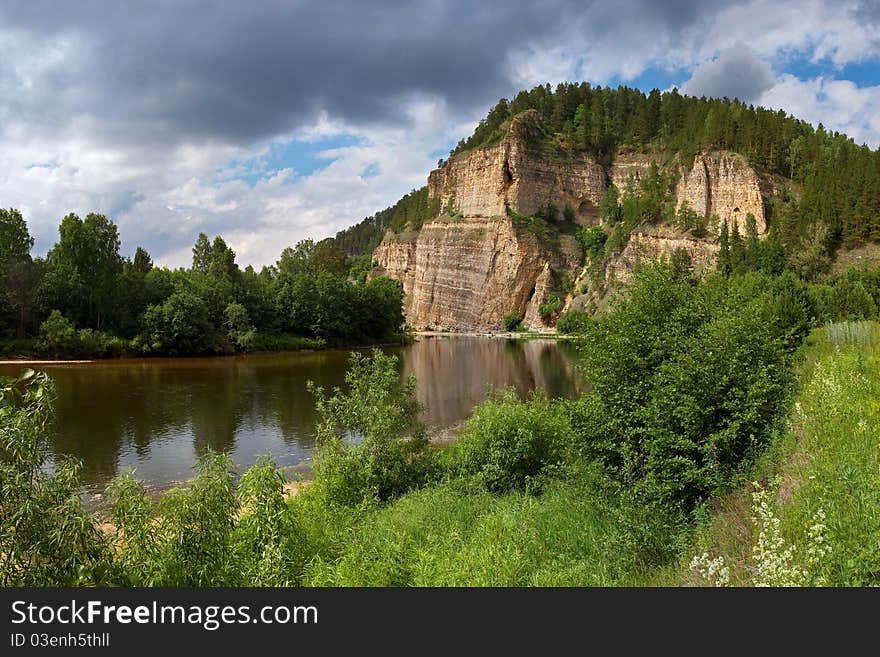 Rock on the river Jurjuzan. Southern Ural.