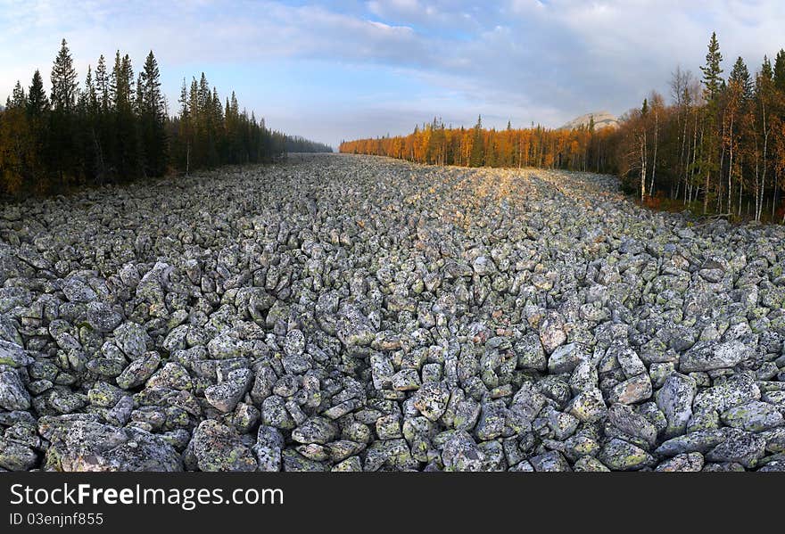 Panorama of the stone river Tygynsky kurum, one of the longest in Southern Ural Mountains. Panorama of the stone river Tygynsky kurum, one of the longest in Southern Ural Mountains.