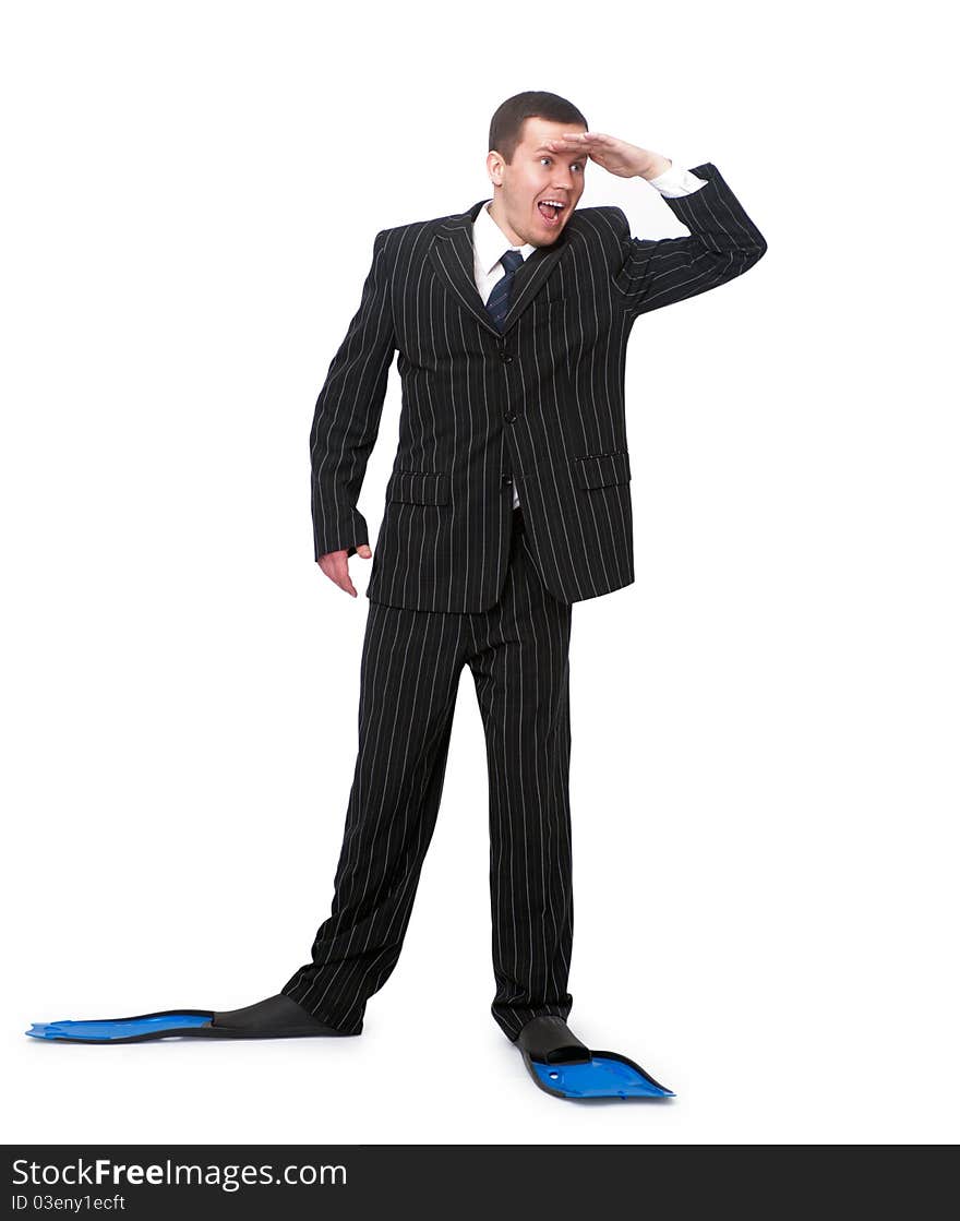 Man In A Business Suit And Flippers For Swimming