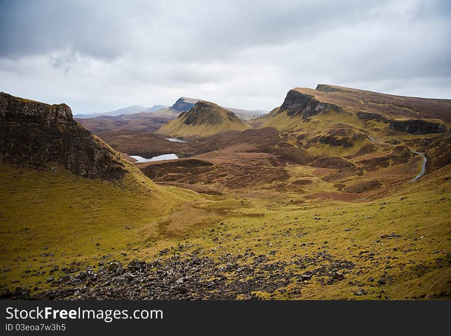 The Quairing mountains on the Isle of Skye in western Scotland. The Quairing mountains on the Isle of Skye in western Scotland