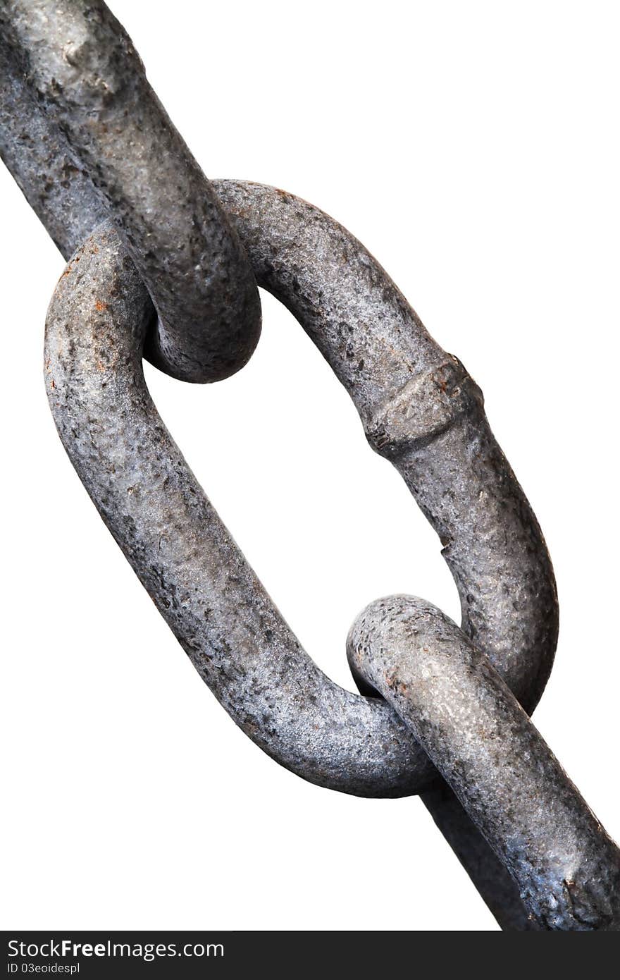 A close-up view of a worn metal chain, isolated on a pure white background. A close-up view of a worn metal chain, isolated on a pure white background