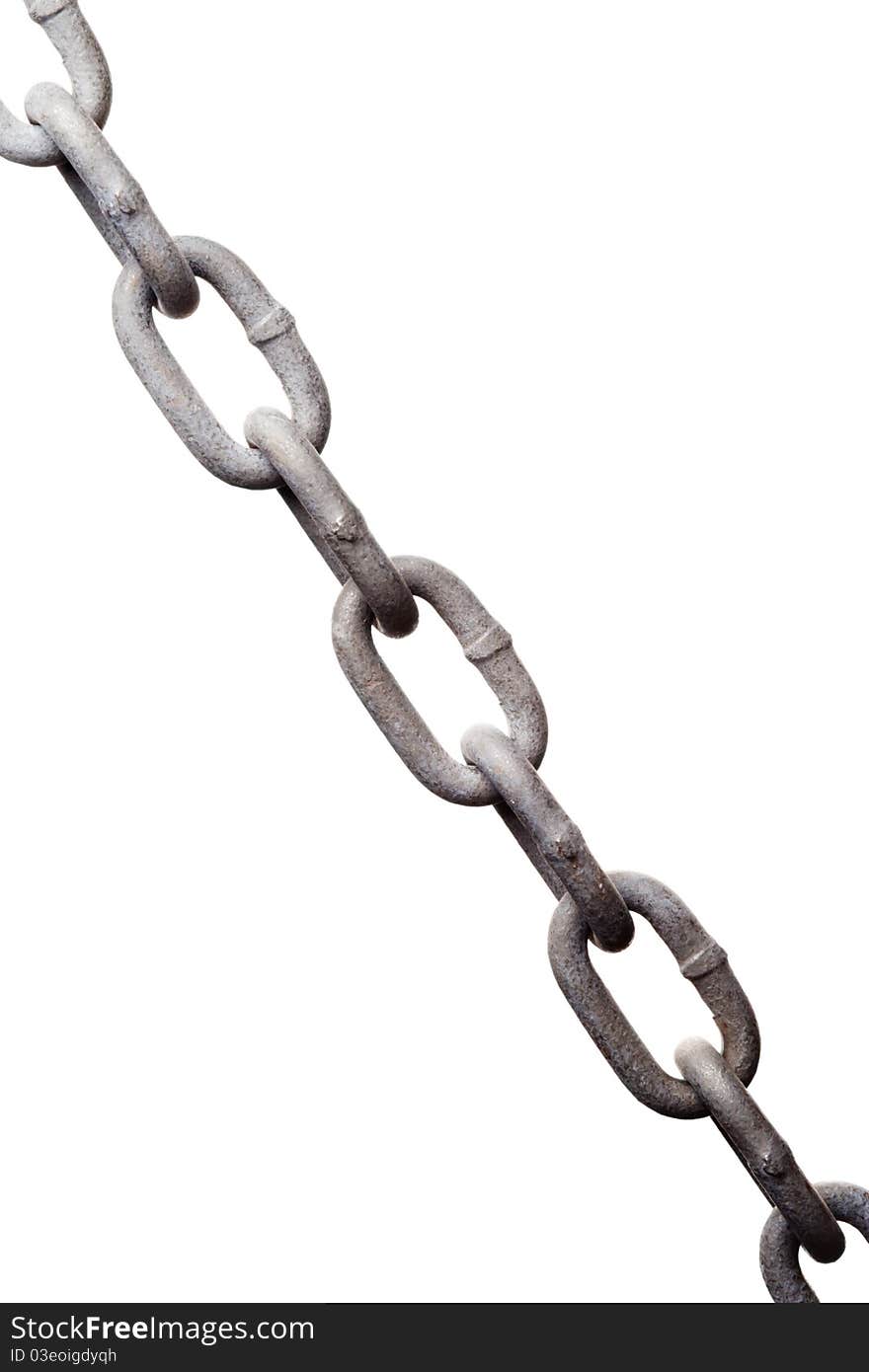 A close-up view of a worn metal chain, isolated on a pure white background. A close-up view of a worn metal chain, isolated on a pure white background