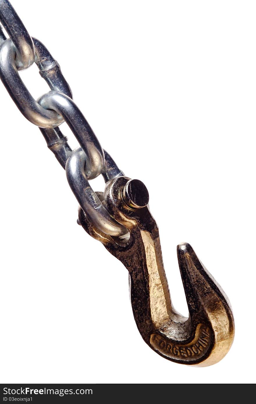 A close-up view of a worn metal chain, isolated on a pure white background. A close-up view of a worn metal chain, isolated on a pure white background