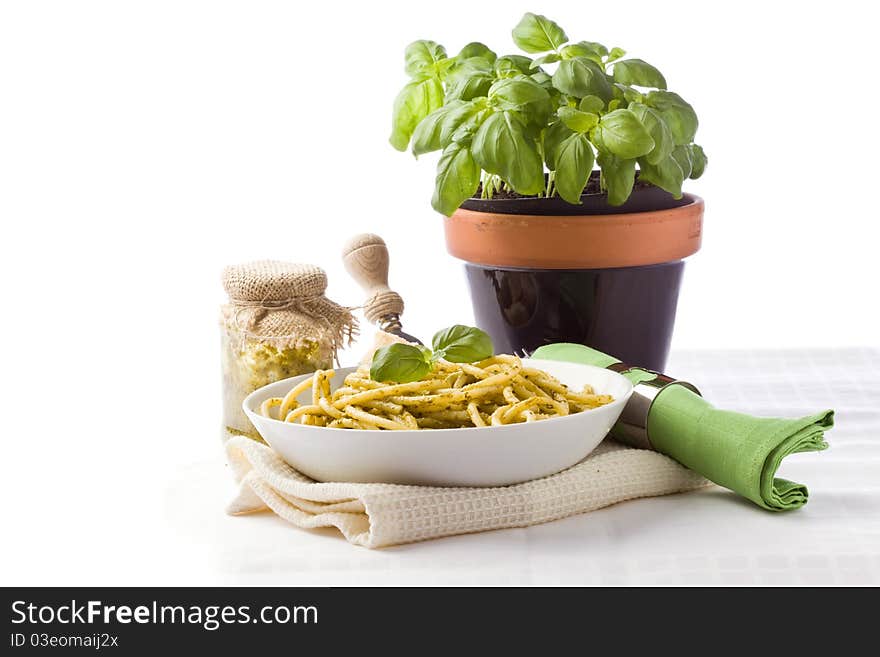 Photo of traditional italian food pasta with pesto with different ingredients