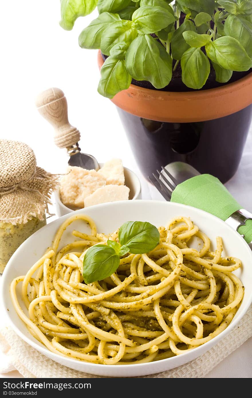 Photo of traditional italian food pasta with pesto with different ingredients