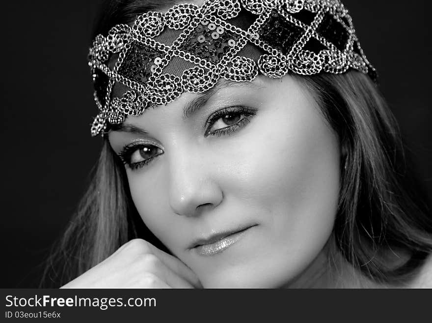 Girl with a national ornament on his head, black and white photography. Girl with a national ornament on his head, black and white photography