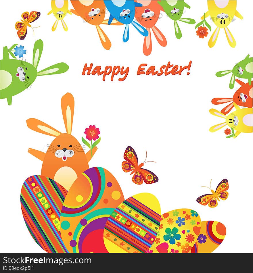 Easter illustration with the hare and eggs in the grass with butterflies and flowers and place for text. Easter illustration with the hare and eggs in the grass with butterflies and flowers and place for text.