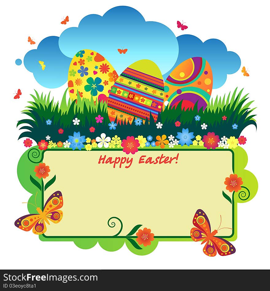 Easter eggs decorated with the image in the green grass with butterflies and flowers and place for text. Easter eggs decorated with the image in the green grass with butterflies and flowers and place for text.