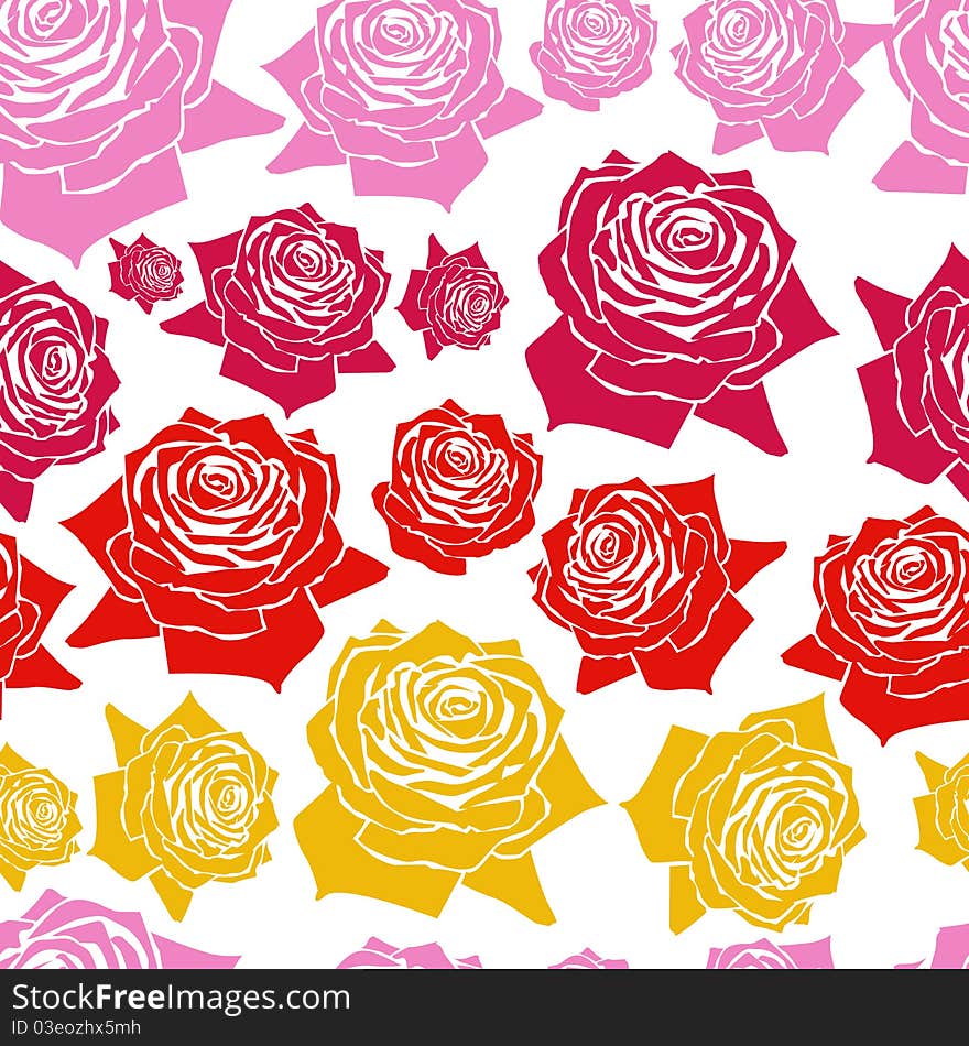 Seamless pattern pink, red and yellow roses in lines. Seamless pattern pink, red and yellow roses in lines