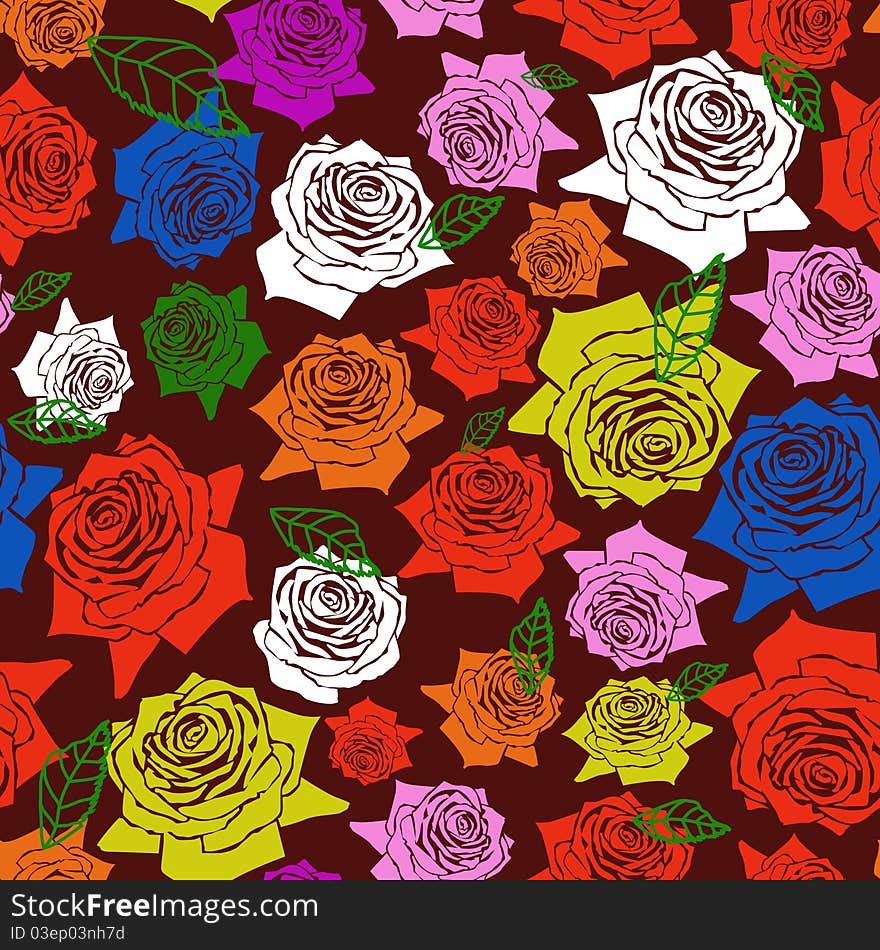 Seamless brown pattern with pink,yellow, white, blue, green and violet roses with leaves. Seamless brown pattern with pink,yellow, white, blue, green and violet roses with leaves