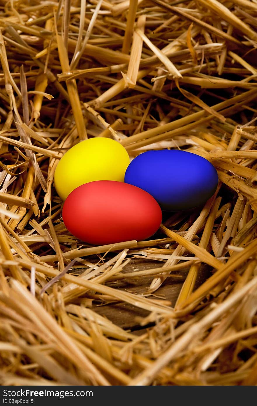 Easter colorful eggs in straw. Easter colorful eggs in straw