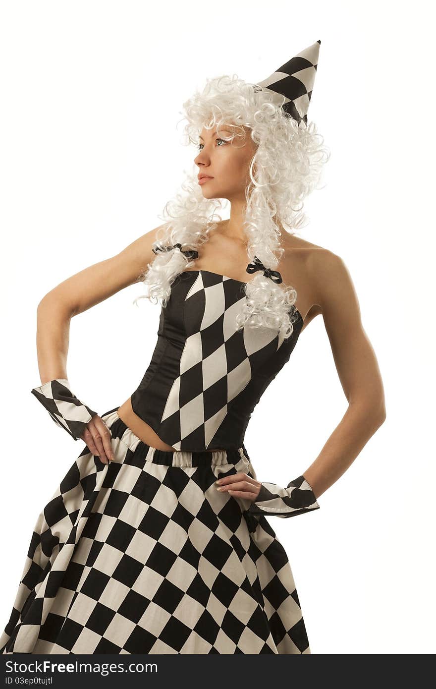 Female in chess Queen suit over white background