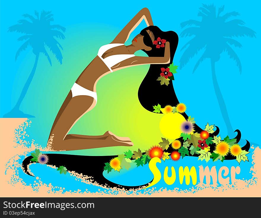 Illustration of the suntanned girl in bikini on a beautiful background. Illustration of the suntanned girl in bikini on a beautiful background.