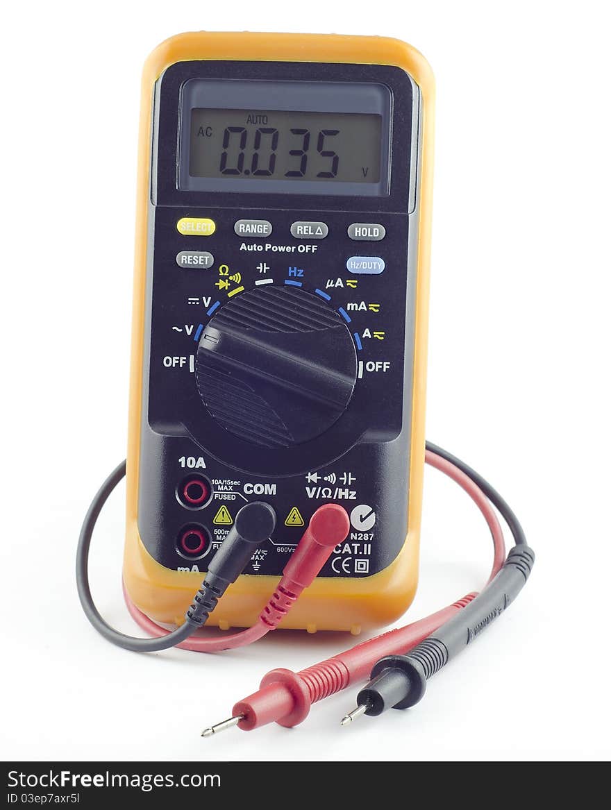 Electronic multimeter with cable probes isolated on a white background