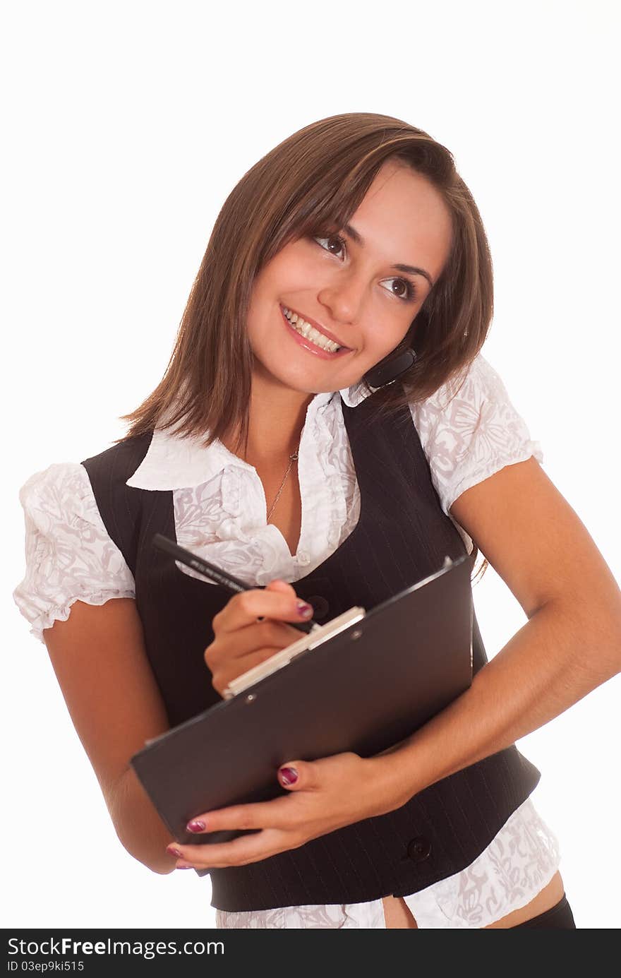 Young woman standing on a white background