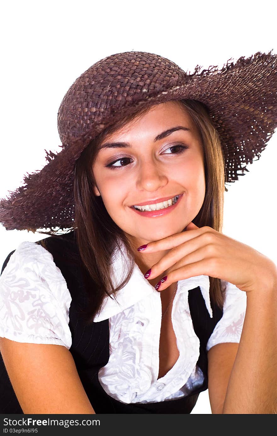 Happy young woman on a white background