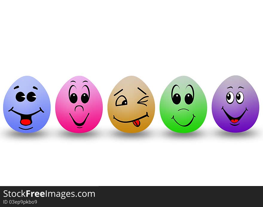 Five colour easter's eggs with smile faces