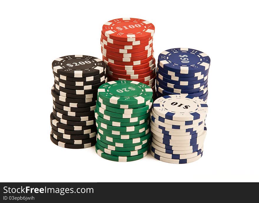 Bunch of casino chips isolated on white