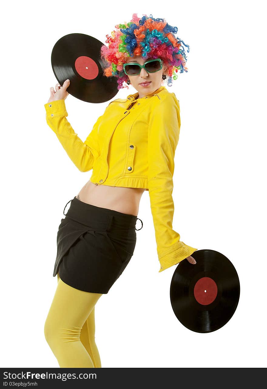 The girl in a color wig with a disk. The girl in a color wig with a disk