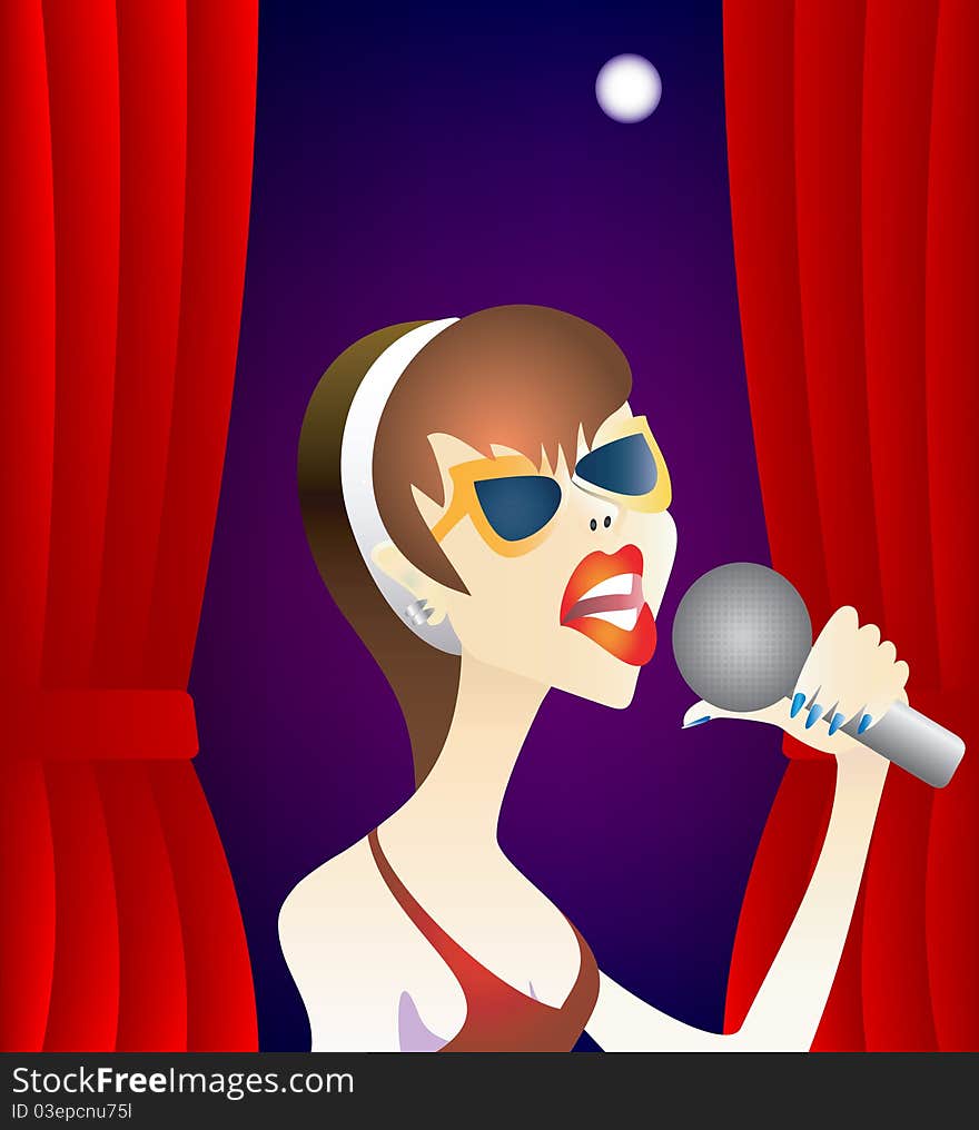 Background with singing woman, curtain and microphone. Background with singing woman, curtain and microphone.