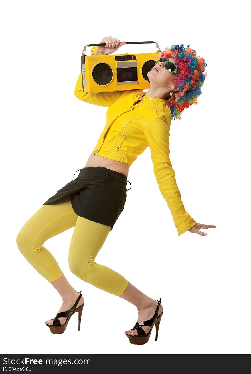 The girl in a color wig with the old tape recorder. The girl in a color wig with the old tape recorder