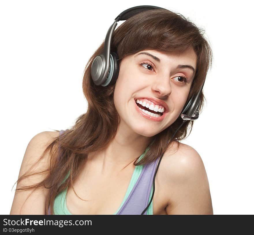 Happy girl with headset isolated on white